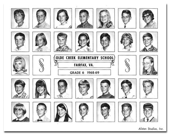 Black and white class picture of a sixth-grade class at Olde Creek Elementary School during the 1968 to 1969 school year. 29 students and their teacher are pictured.